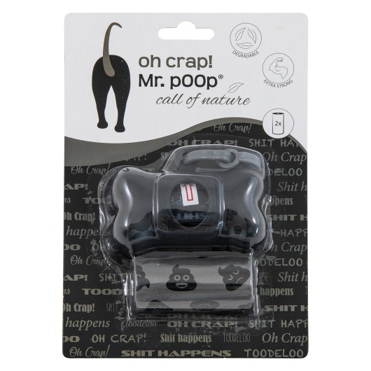 Mr.POOP OH CRAP! Houder zwart+2 Rolletjes-Grijs/zwart motief